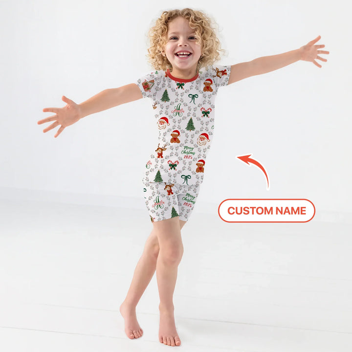 Custom name "Fancy Monogram Red Christmas 2025" Two Piece Short Sleeve Shorts Pajama Set
