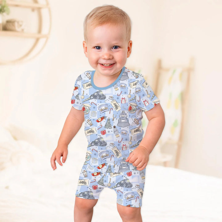 Christmas Train Two Piece Short Sleeve Shorts Pajama Set