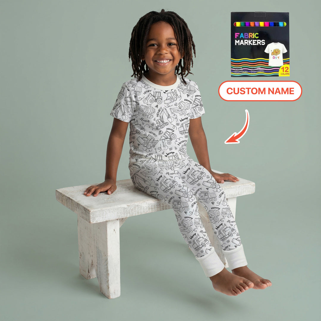 Construction Vehicules Custom Name Colorable Two Piece Short Sleeve Pajama Set