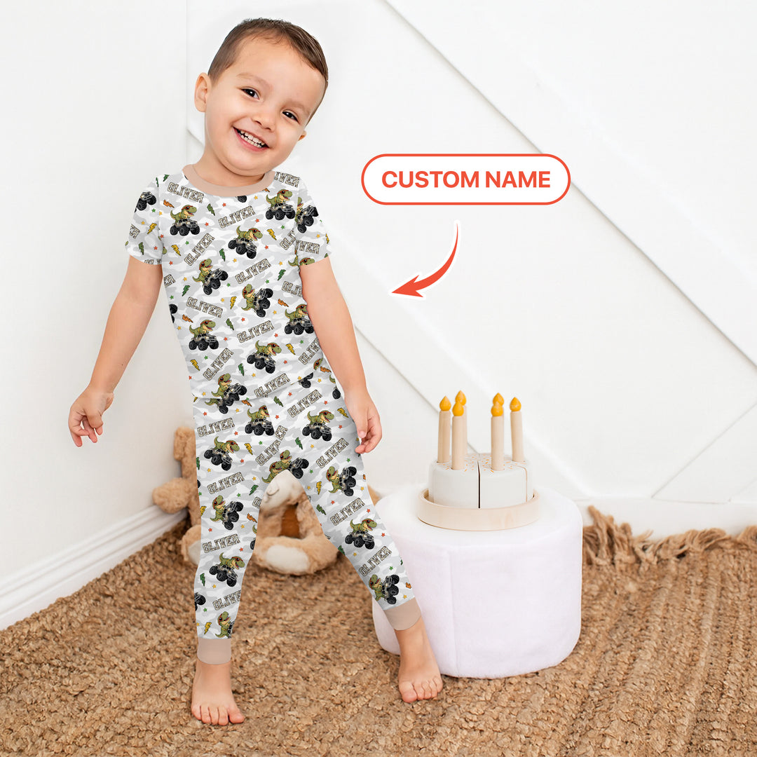 Custom Name Camo Trucker Dino Two Piece Short Sleeve Pajama Set