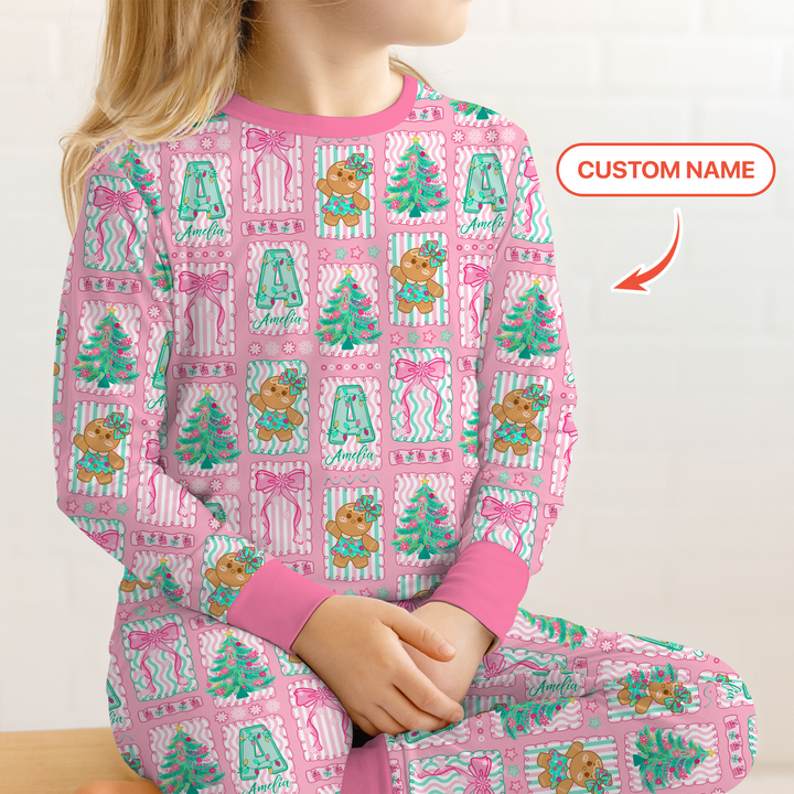Custom Name "Merry Pink Christmas" Two Piece Long Sleeve Pajama Set