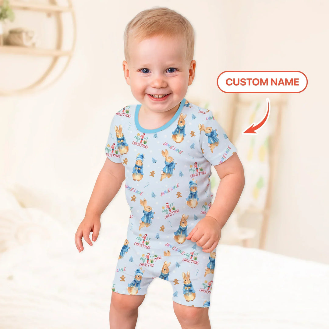 Custom 1st Christmas Rabbit Two Piece Short Sleeve Shorts Pajama Set , Custom 1st Christmas Rabbit Two Piece Short Sleeve Shorts Pajama Set - 12-18M