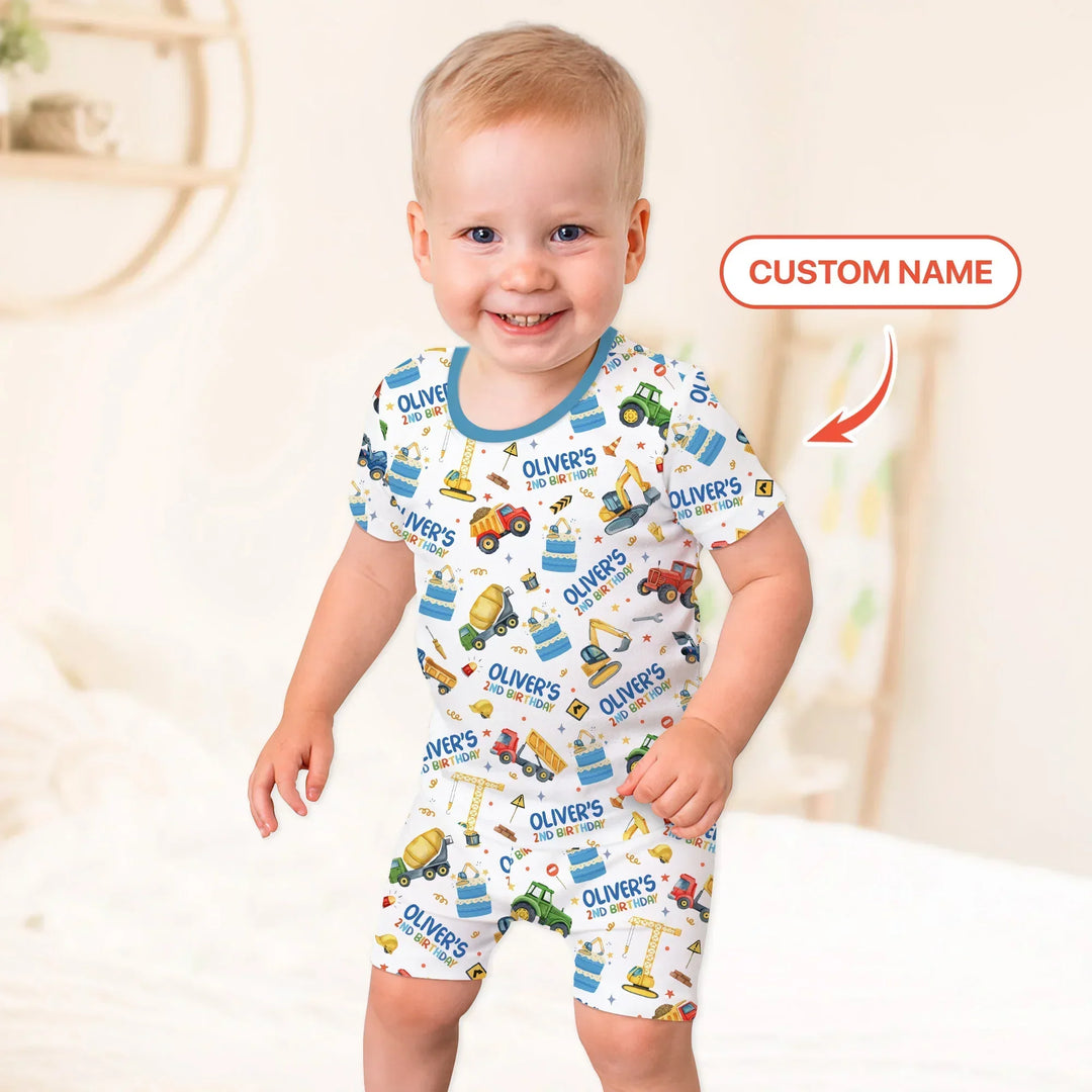 Custom Name Little Builder's Birthday Two Piece Short Sleeve Shorts Pajama Set