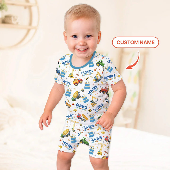 Custom Name Little Builder's Birthday Two Piece Short Sleeve Shorts Pajama Set