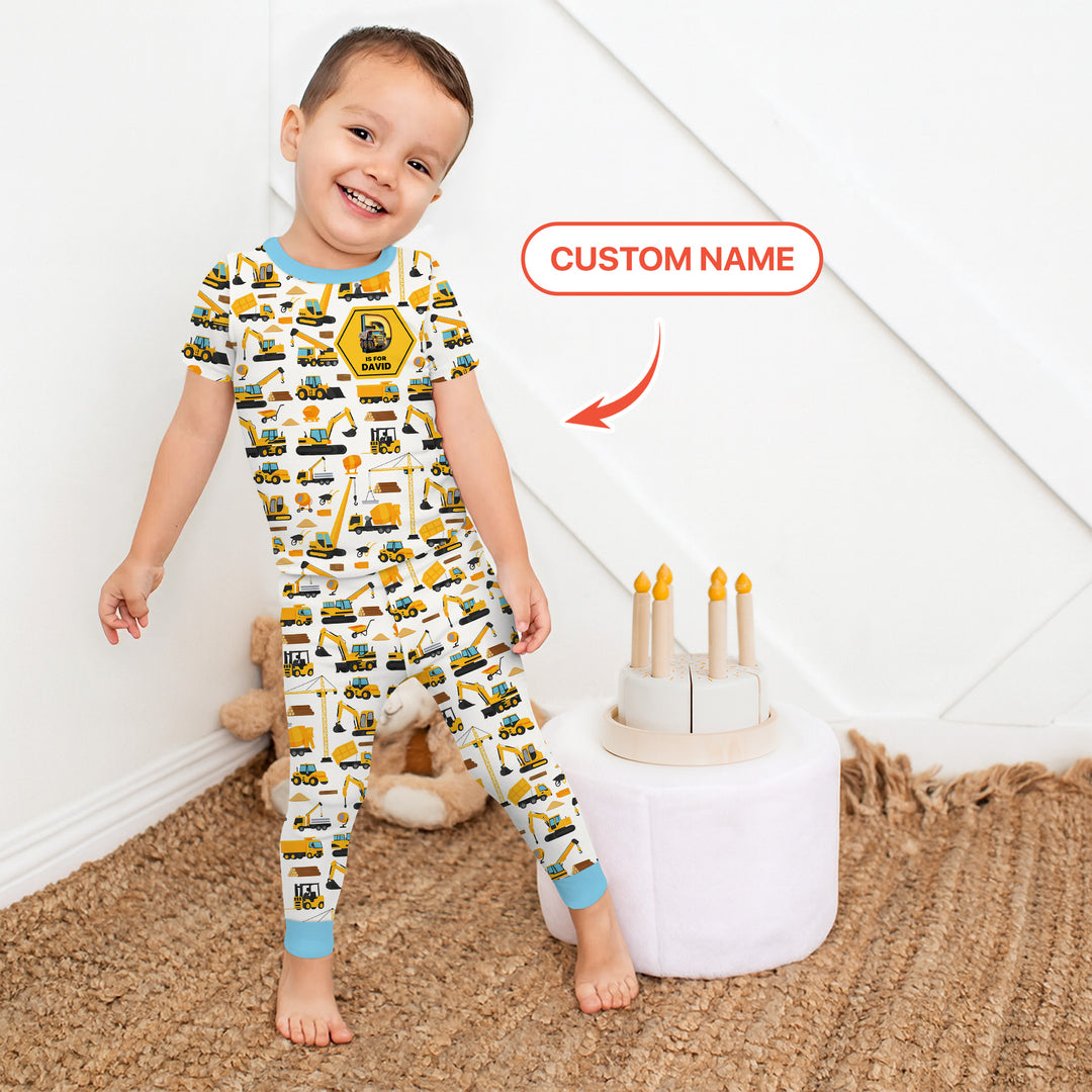 Custom Name Construction Initials Two Piece Short Sleeve Pajama Set