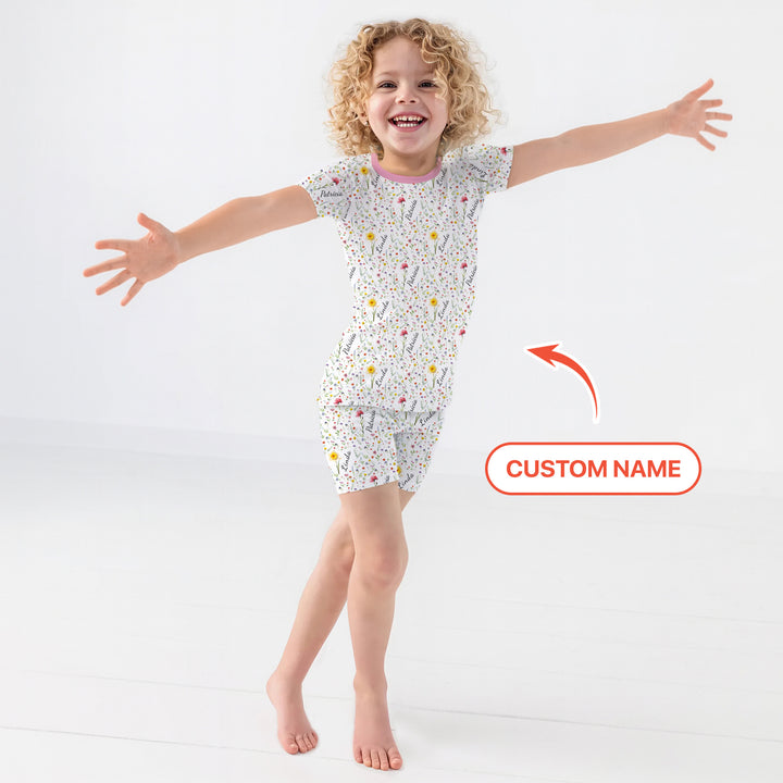 Birth Flower Custom Name Family Daughter Sister Two Piece Short Sleeve Shorts Pajama Set