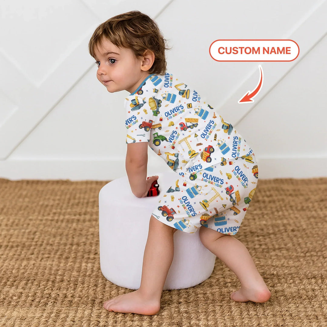 Custom Name Little Builder's Birthday Two Piece Short Sleeve Shorts Pajama Set