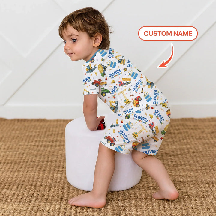 Custom Name Little Builder's Birthday Two Piece Short Sleeve Shorts Pajama Set