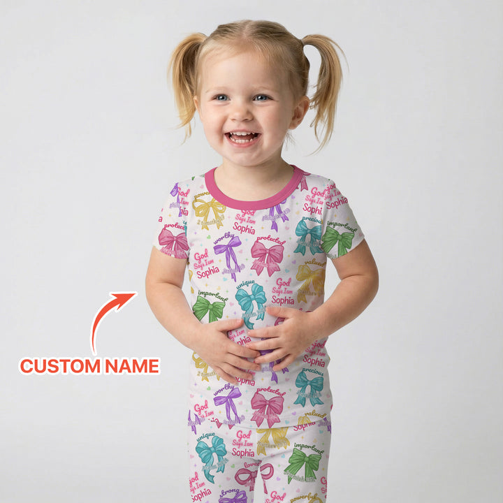 God Says I Am Bow Blessings Custom Name Two Piece Short Sleeve Pajama Set