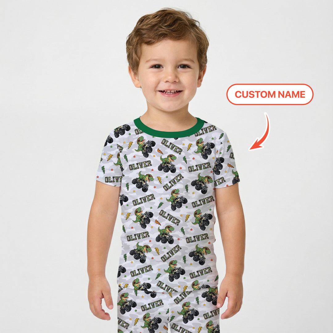 Custom Name Camo Trucker Dino Two Piece Short Sleeve Pajama Set
