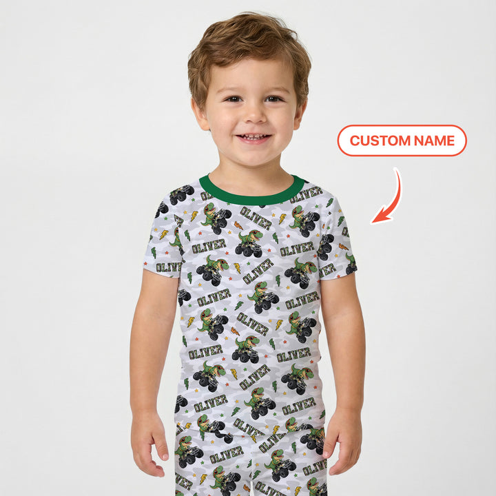 Custom Name Camo Trucker Dino Two Piece Short Sleeve Pajama Set