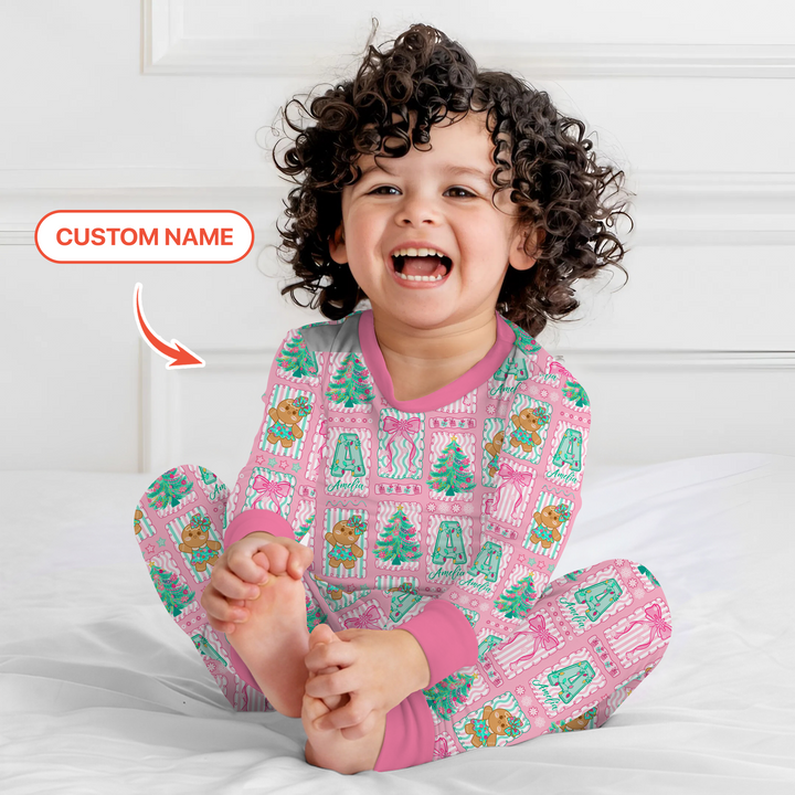 Custom Name "Merry Pink Christmas" Two Piece Long Sleeve Pajama Set