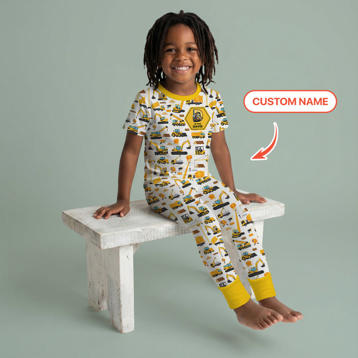 Custom Name Construction Initials Two Piece Short Sleeve Pajama Set