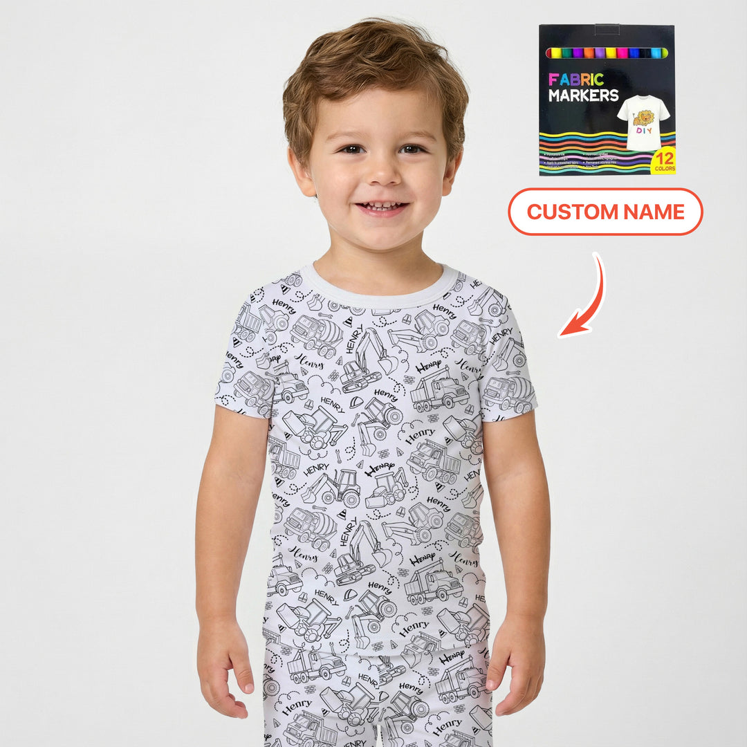 Construction Vehicules Custom Name Colorable Two Piece Short Sleeve Pajama Set