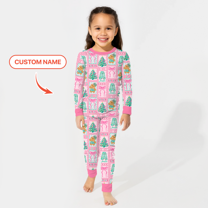 Custom Name "Merry Pink Christmas" Two Piece Long Sleeve Pajama Set