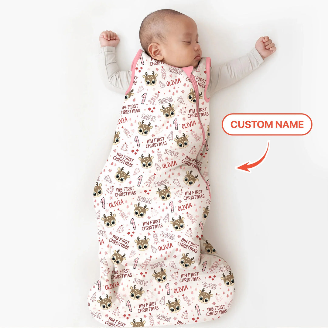 Custom Name Cute Reindeer My First Christmas Sleep Bag