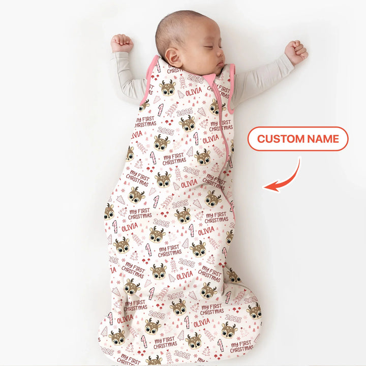 Custom Name Cute Reindeer My First Christmas Sleep Bag