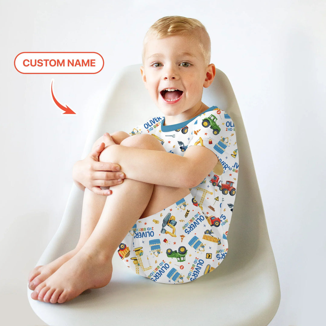 Custom Name Little Builder's Birthday Two Piece Short Sleeve Shorts Pajama Set