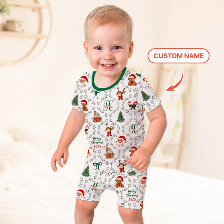 Custom name "Fancy Monogram Green Christmas 2025" Two Piece Short Sleeve Shorts Pajama Set