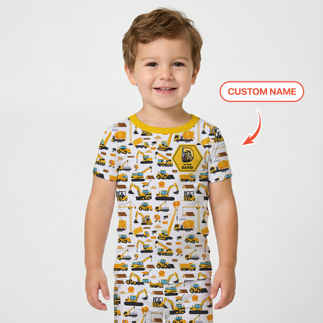 Custom Name Construction Initials Two Piece Short Sleeve Pajama Set