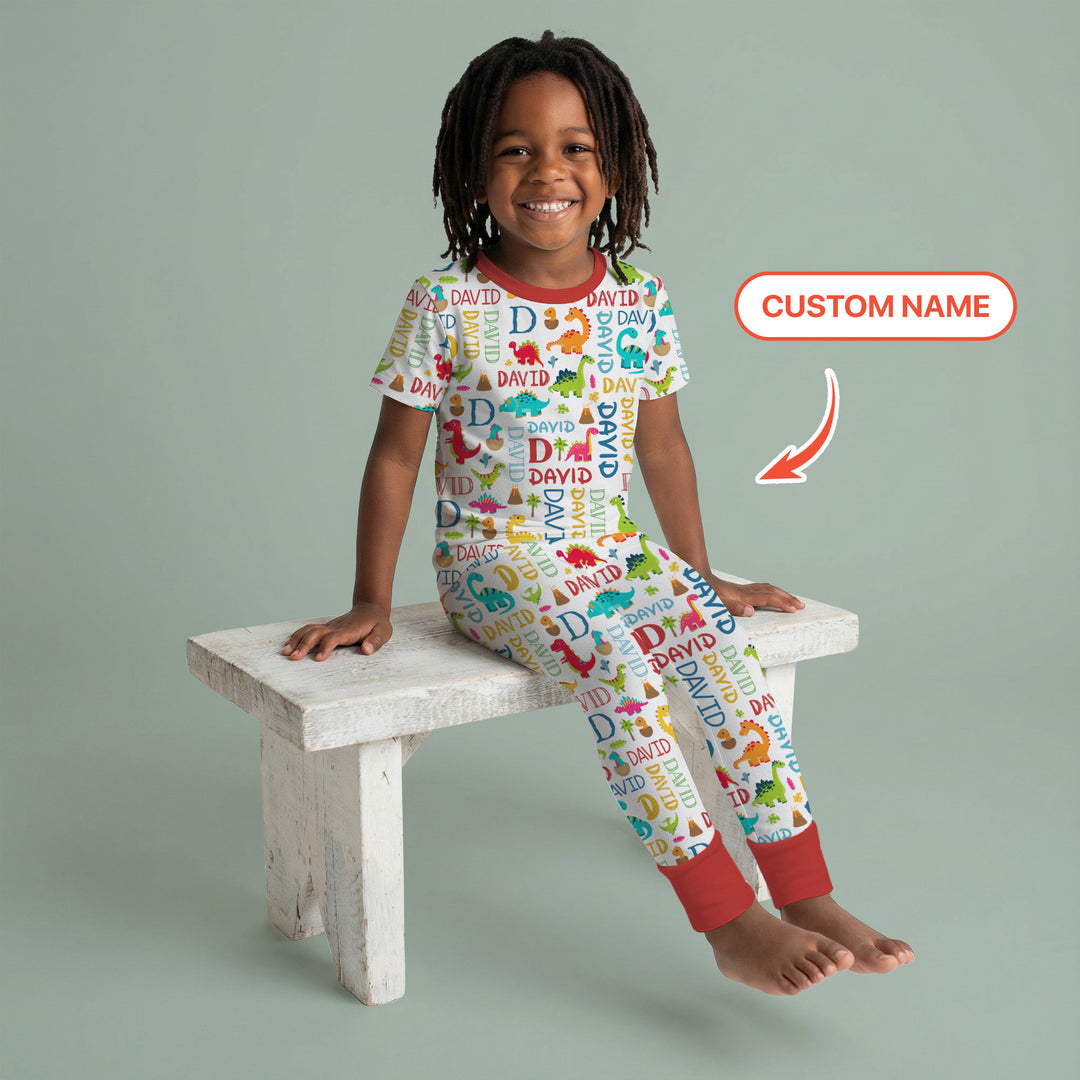 Personalized Fantasy Dinosaur Word Two Piece Short Sleeve Pajama Set