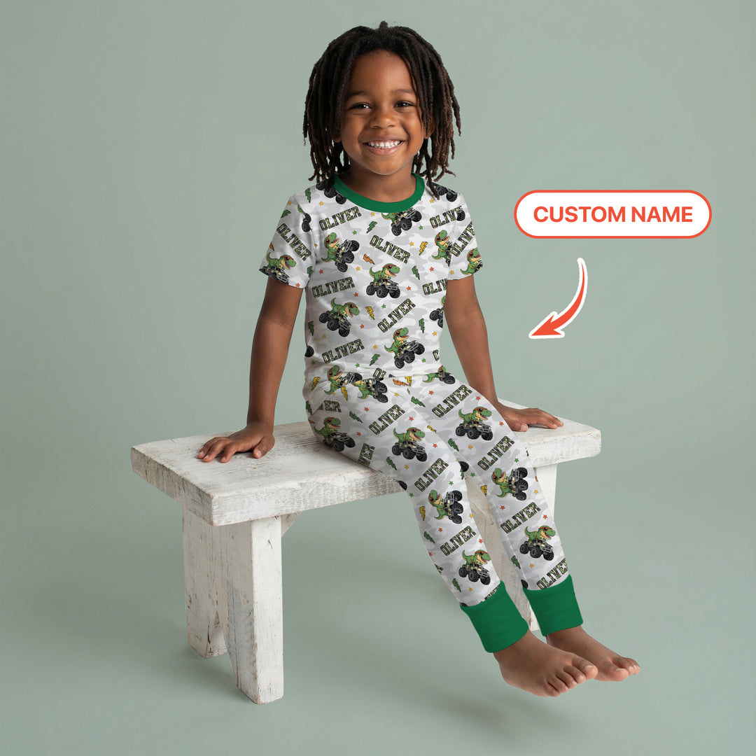 Custom Name Camo Trucker Dino Two Piece Short Sleeve Pajama Set