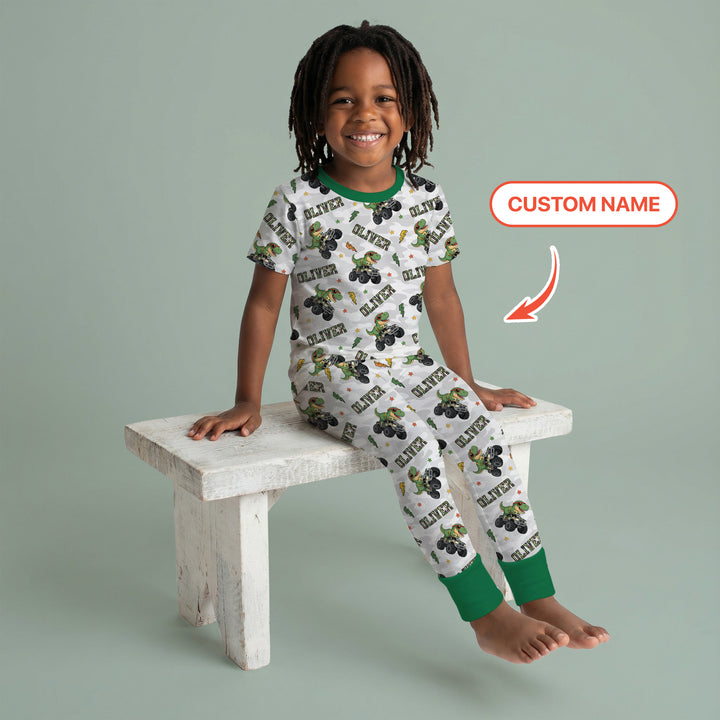 Custom Name Camo Trucker Dino Two Piece Short Sleeve Pajama Set