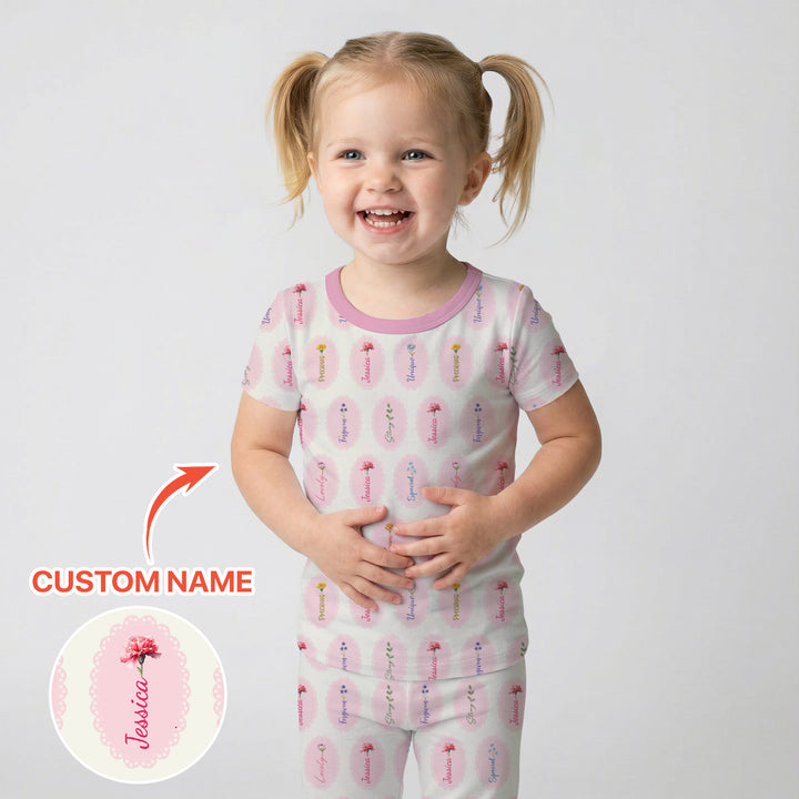 God Says I Am Birthmonth Flowers Custom Name Two Piece Short Sleeve Pajama Set