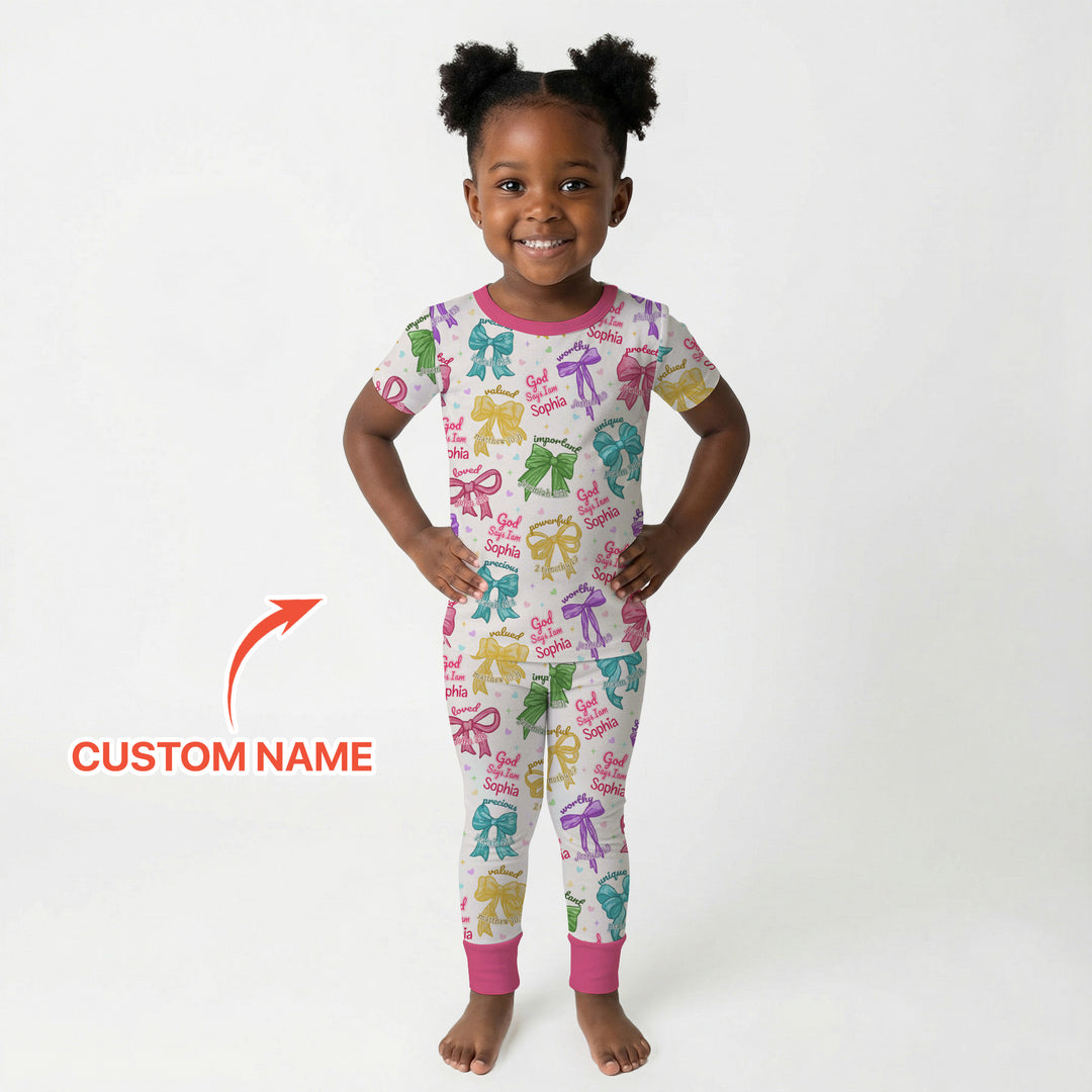God Says I Am Bow Blessings Custom Name Two Piece Short Sleeve Pajama Set