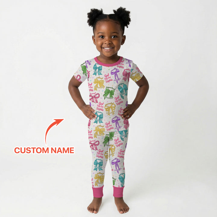 God Says I Am Bow Blessings Custom Name Two Piece Short Sleeve Pajama Set
