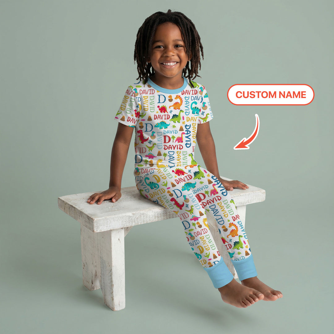 Personalized Fantasy Dinosaur Word Two Piece Short Sleeve Pajama Set