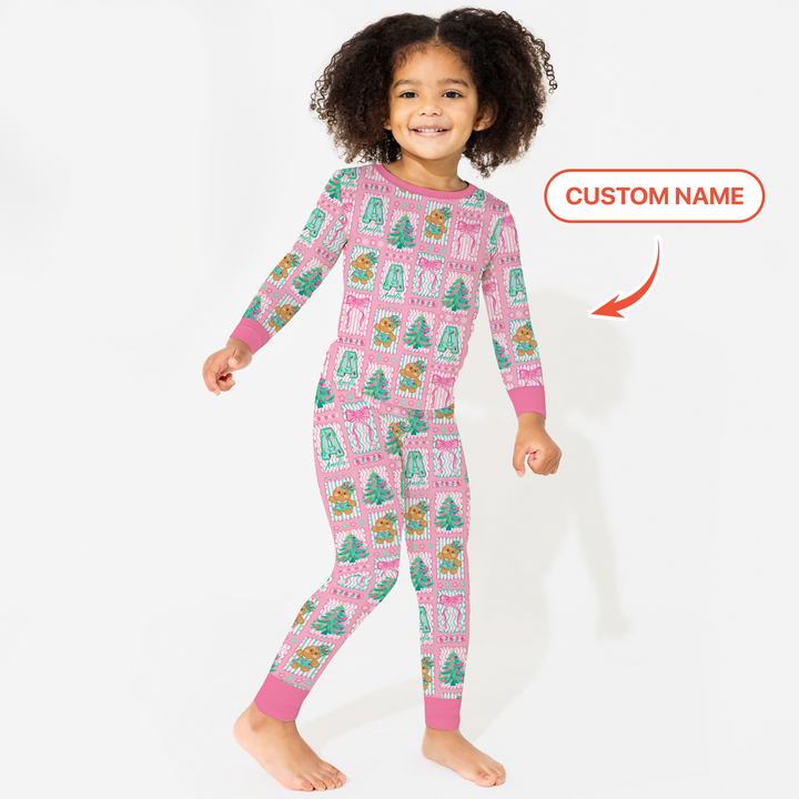 Custom Name "Merry Pink Christmas" Two Piece Long Sleeve Pajama Set