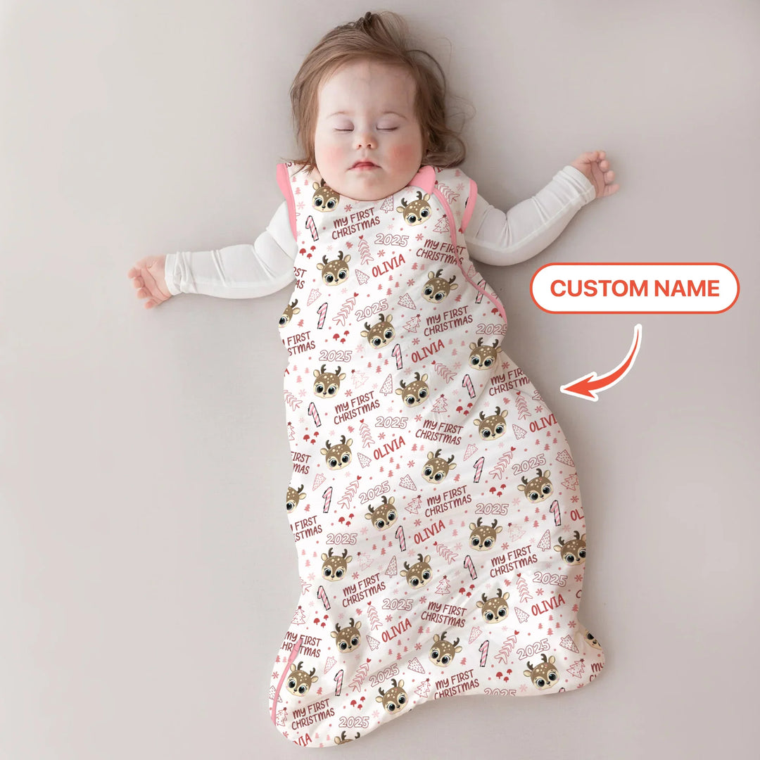 Custom Name Cute Reindeer My First Christmas Sleep Bag