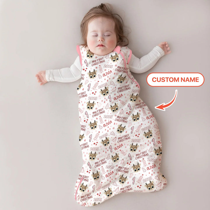 Custom Name Cute Reindeer My First Christmas Sleep Bag