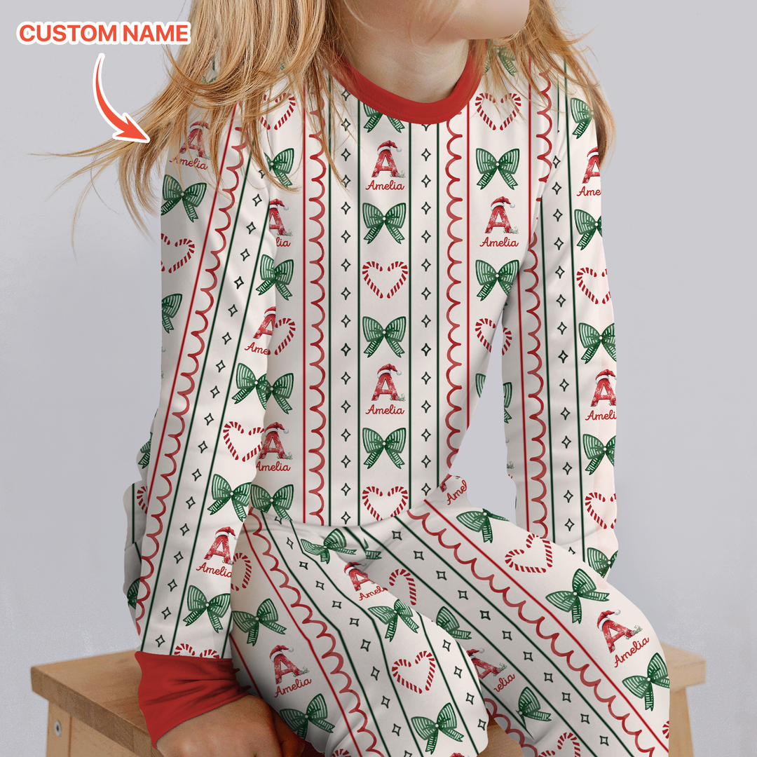 Custom Name Christmas Stripes Two Piece Long Sleeve Pajama Set