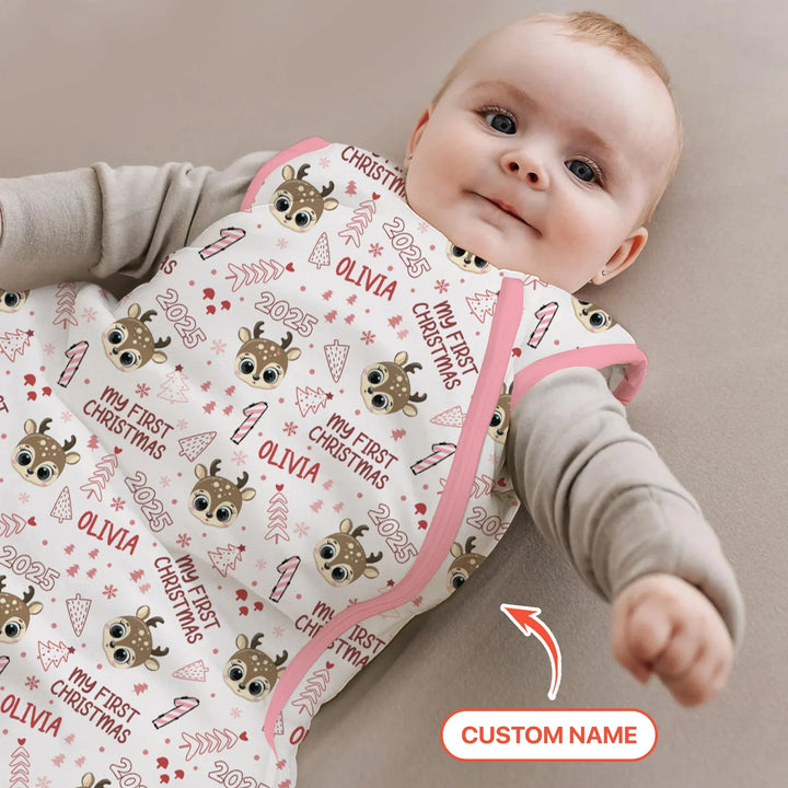 Custom Name Cute Reindeer My First Christmas Sleep Bag