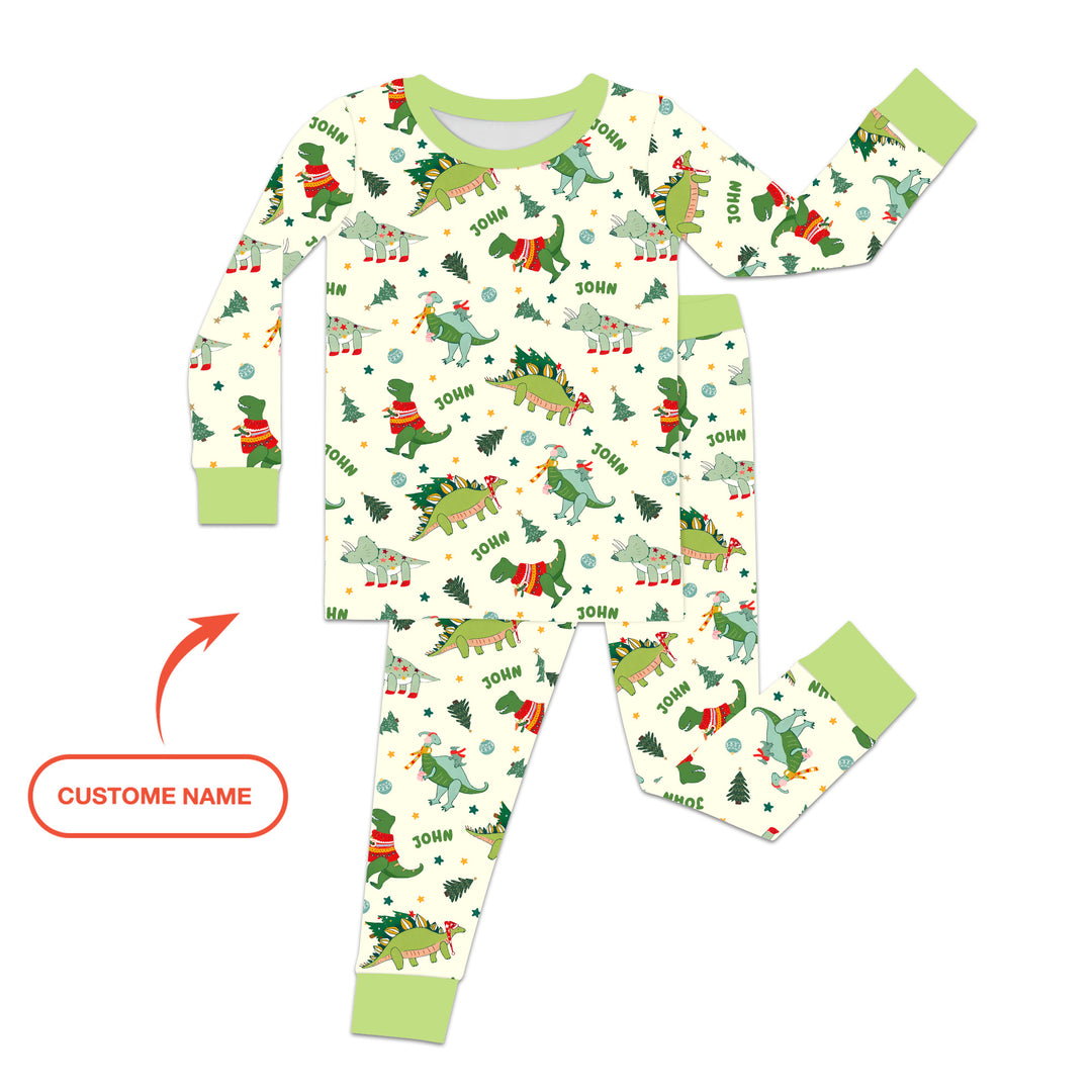 Custom Name Dinosaurs Christmas Tree Two Piece Long Sleeve Pajama Set