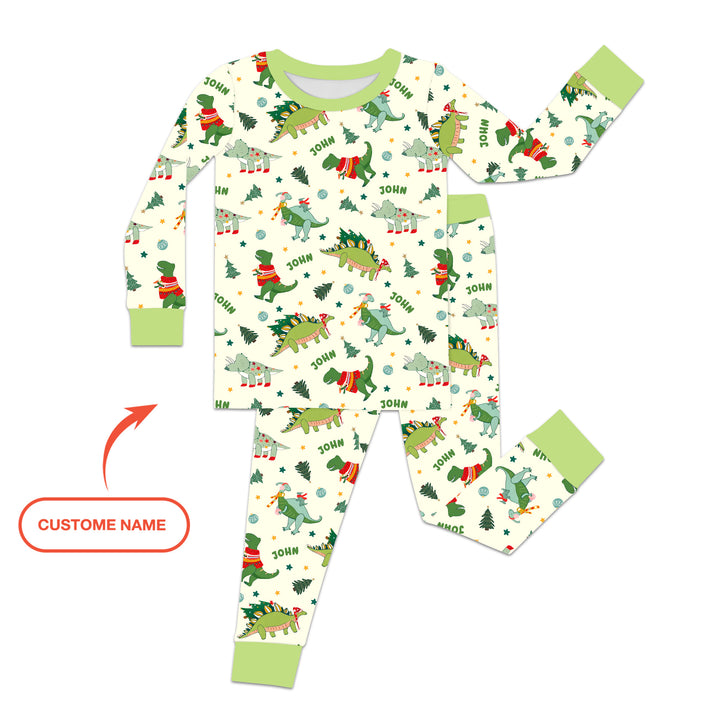 Custom Name Dinosaurs Christmas Tree Two Piece Long Sleeve Pajama Set