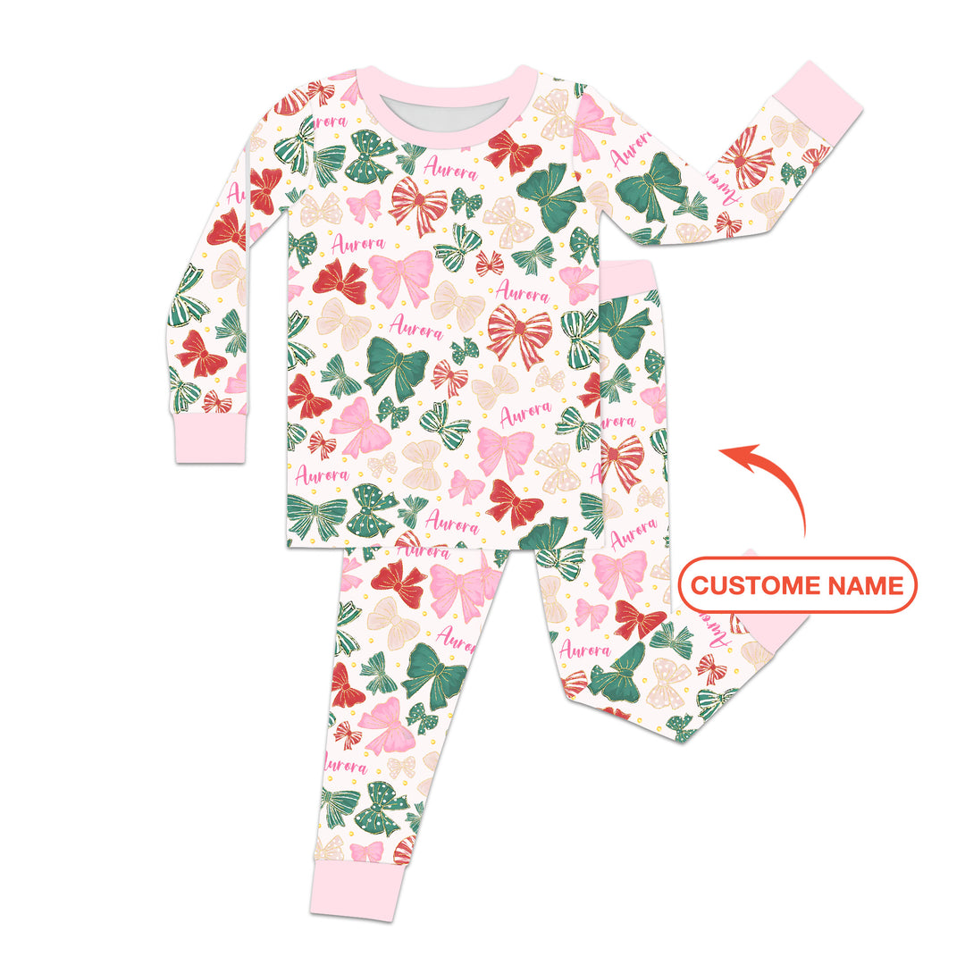 Custom Name Preppy Coquette Bows Two Piece Long Sleeve Pajama Set