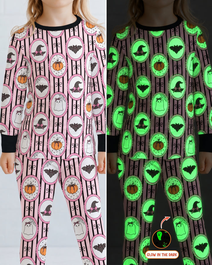 Glow In The Dark Pink Spooky Cameo Stripe Bamboo Two Piece Long Sleeve Pajama Set