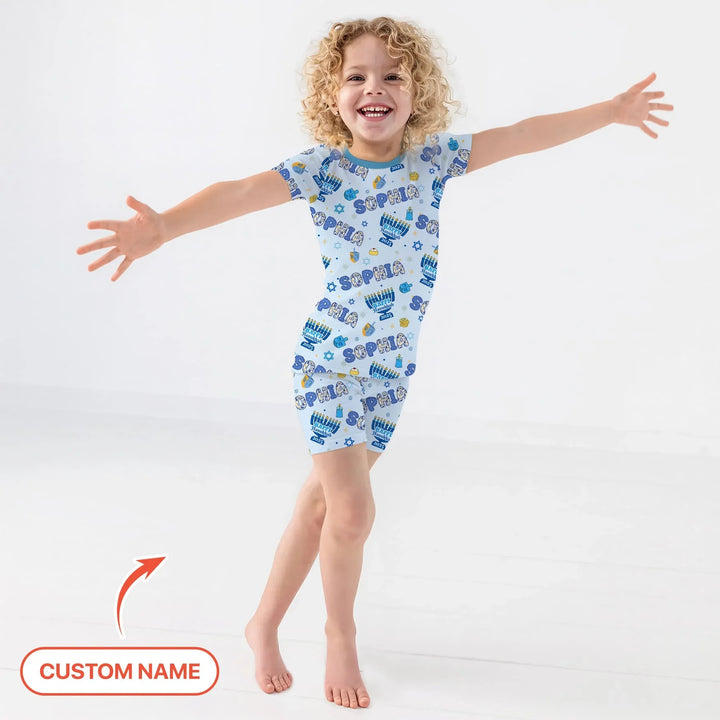 Custom name Happy Hanukkah 2025 Two Piece Short Sleeve Shorts Pajama Set