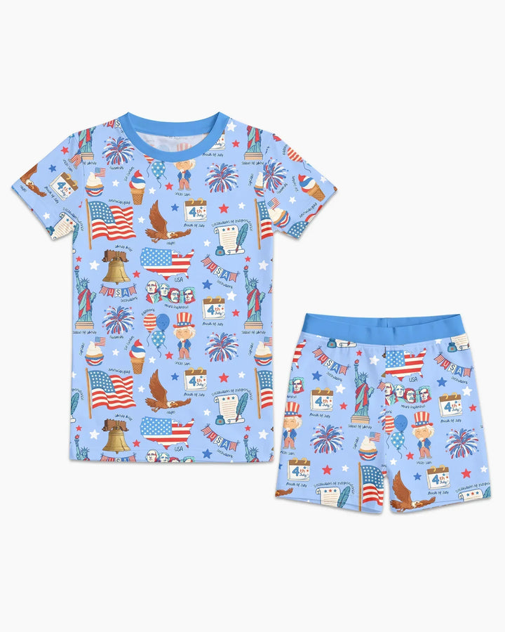 Hand Drawn Patriotic Iconic Bamboo Two Piece Short Sleeve Pajama Set