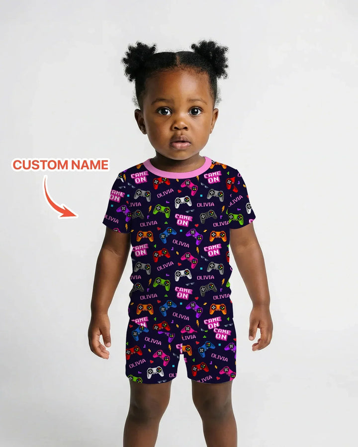 Custom Name Game On Family Matching Bamboo Two Piece Short Sleeve Shorts Pajama Set