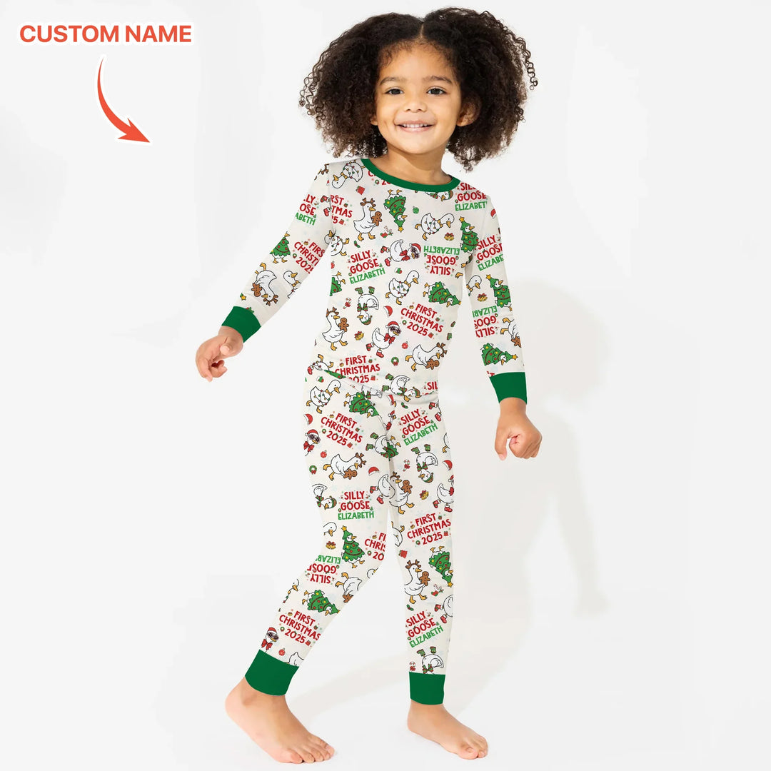 Custom Name "Silly Goose" Two Piece Long Sleeve Pajama Set (Green) , Custom Name "Silly Goose" Two Piece Long Sleeve Pajama Set (Green) - 12-18M