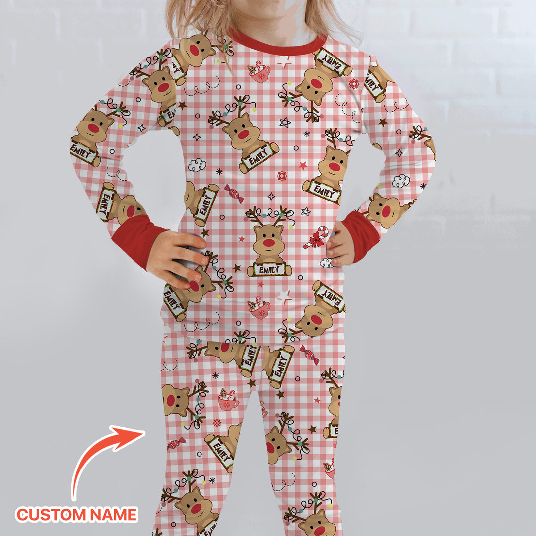 Custom Name Reindeer Gingham Two Piece Long Sleeve Pajama Set