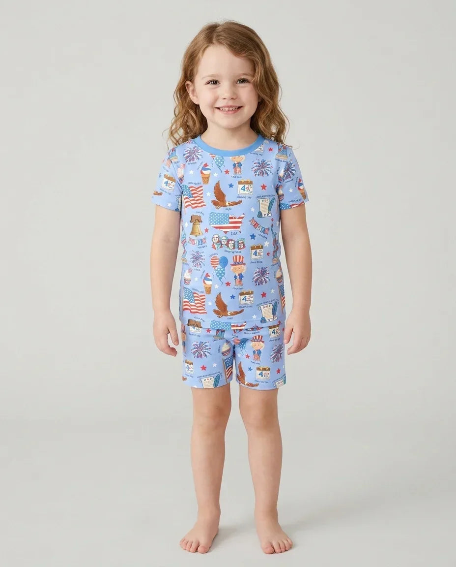 Conjunto de pijama de dos piezas de bambú, pantalón corto y manga corta, con diseño patriótico dibujado a mano