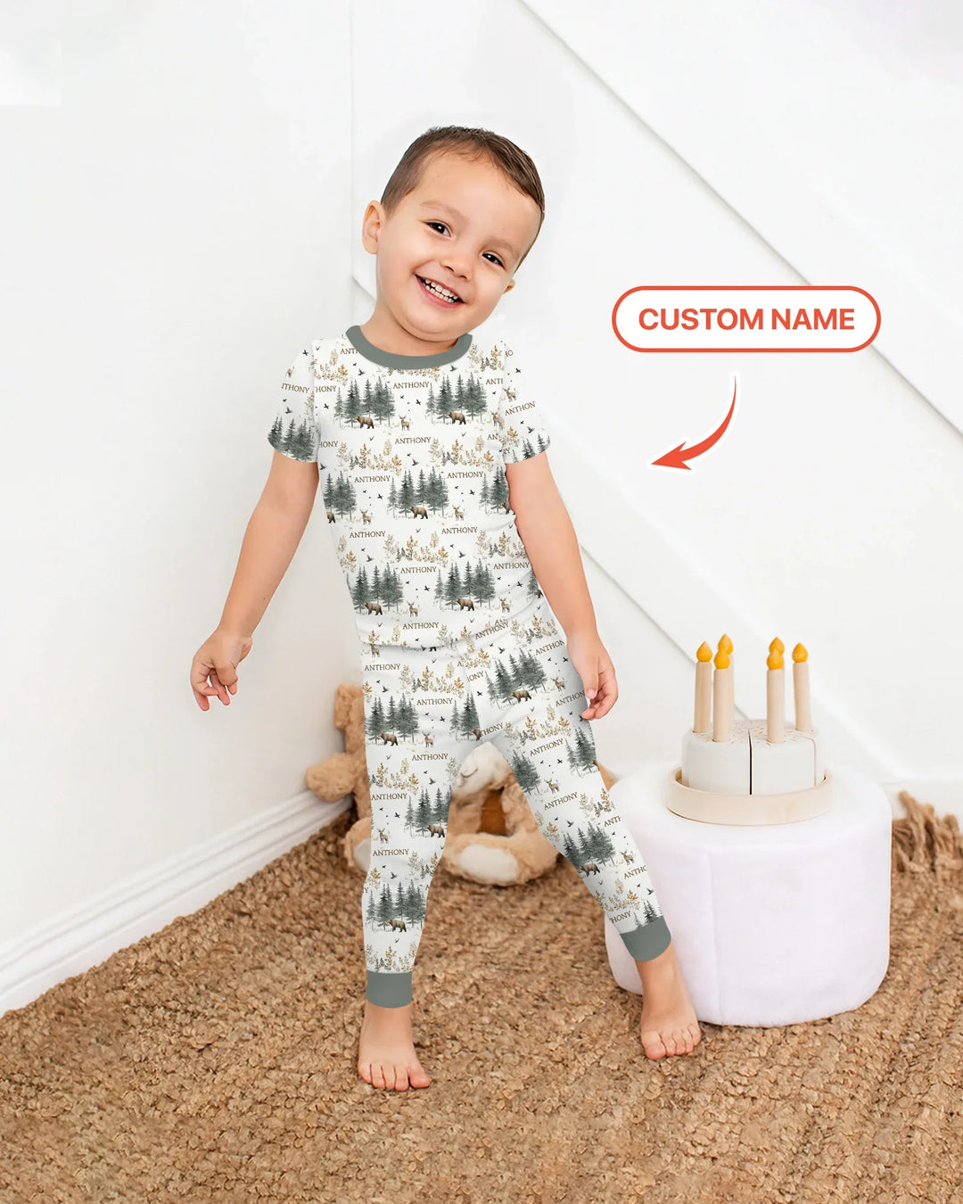 Conjunto de pijama de dos piezas de manga corta con nombre personalizado, bosque, oso, ciervo y bambú