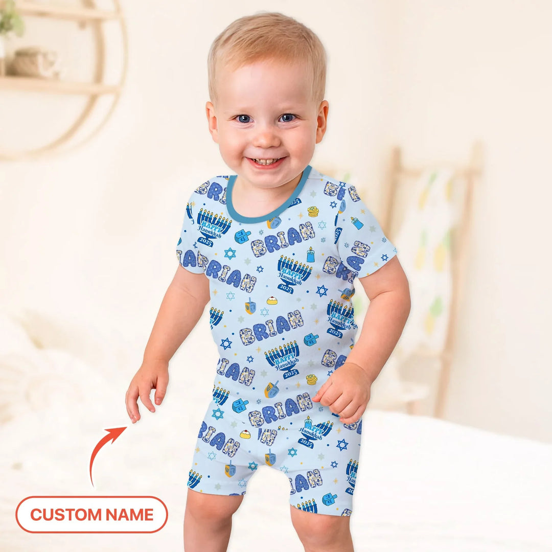 Custom name Happy Hanukkah 2025 Two Piece Short Sleeve Shorts Pajama Set