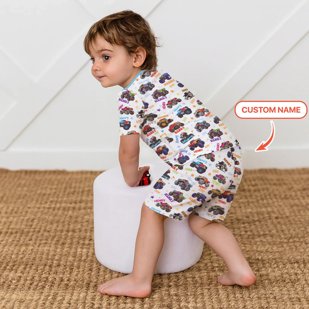 Monster Truck Custom Name Two Piece Short Sleeve Shorts Pajama Set