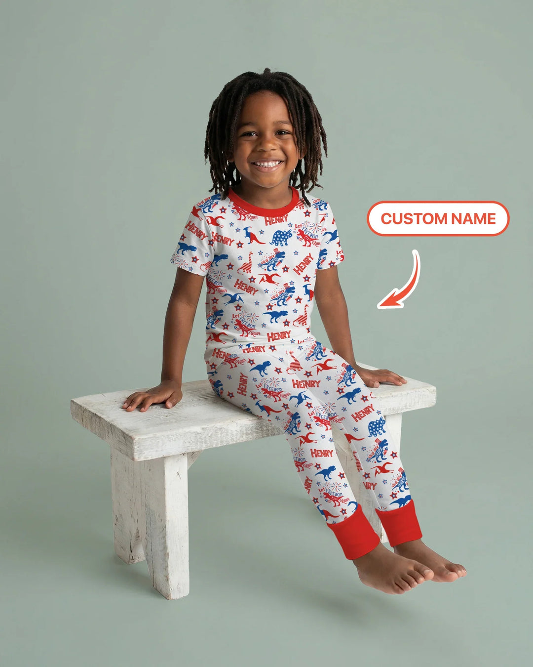 Custom Name Patriotic Dinosaur Bamboo Two Piece Short Sleeve Pajama Set
